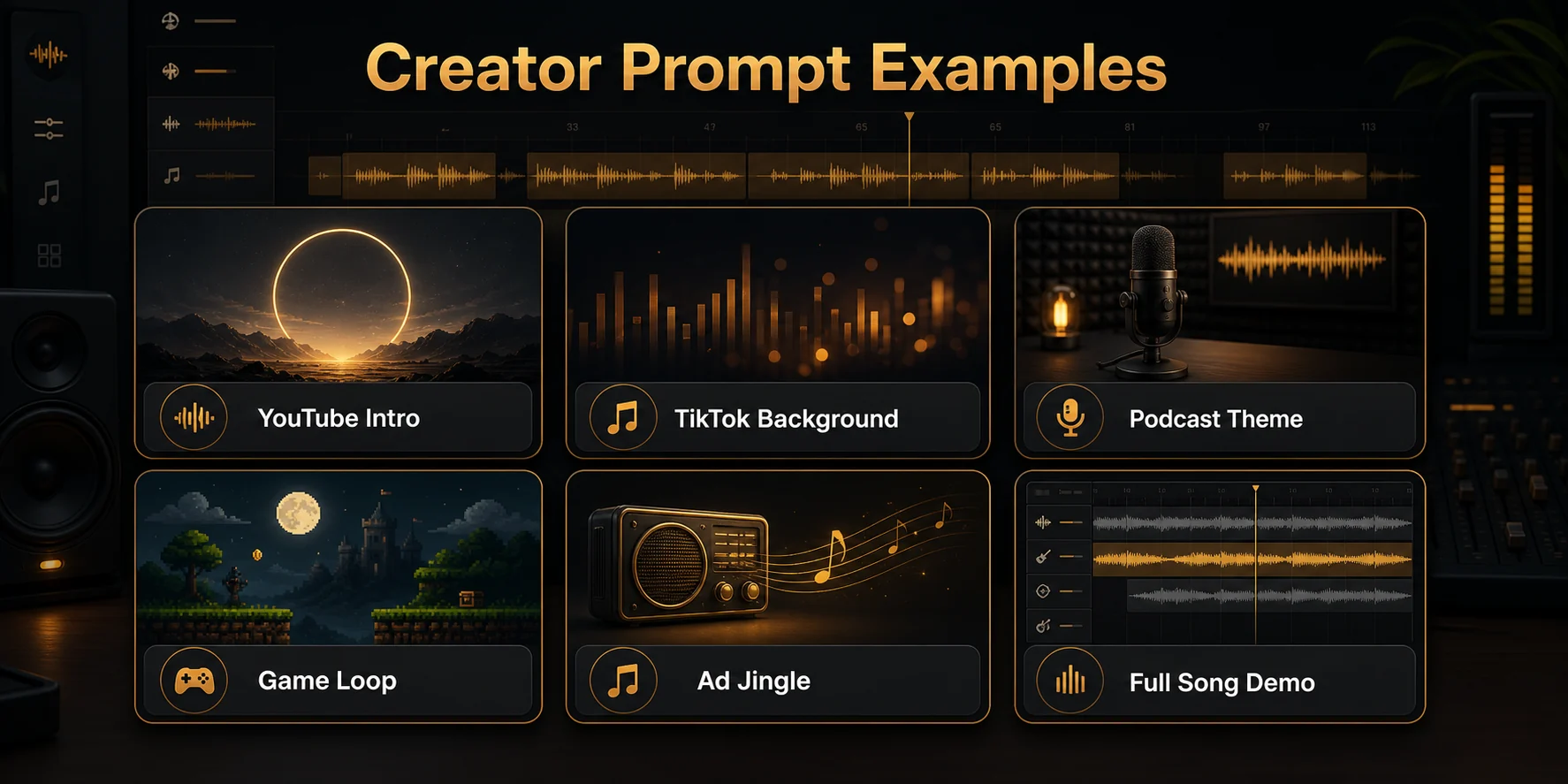 Creator prompt examples for YouTube intro, TikTok background, podcast theme, game loop, ad jingle, and full song demo