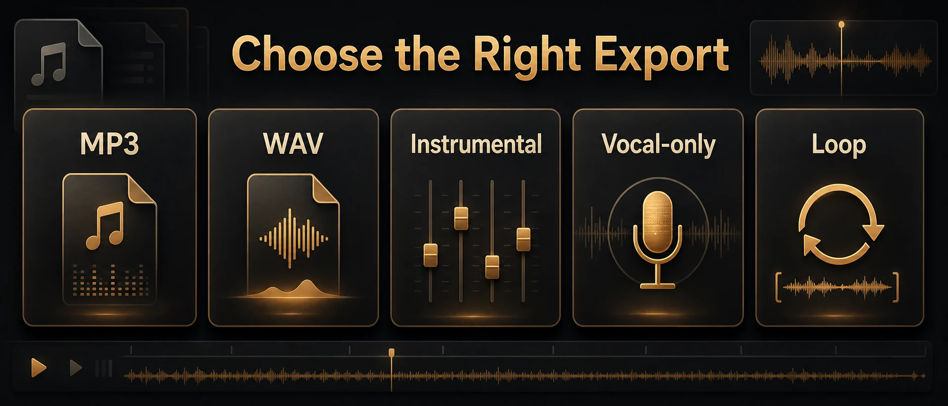 AI song export formats including MP3, WAV, instrumental, vocal-only, and loop