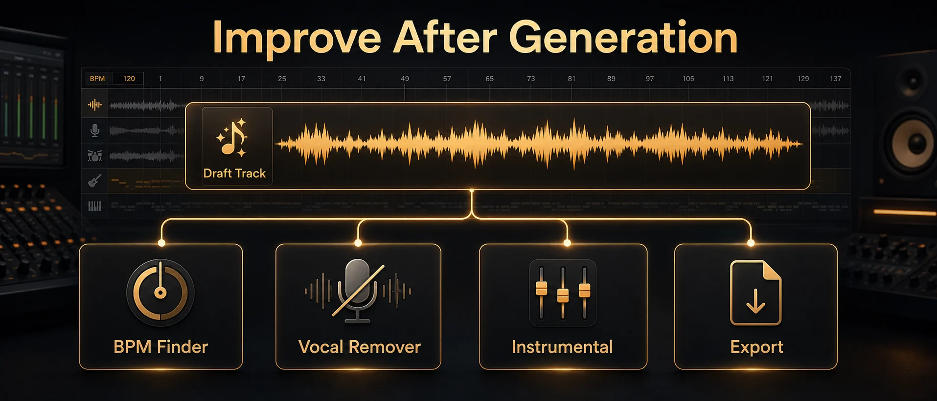Post-generation AI song improvement workflow with BPM Finder, Vocal Remover, instrumental, and export actions