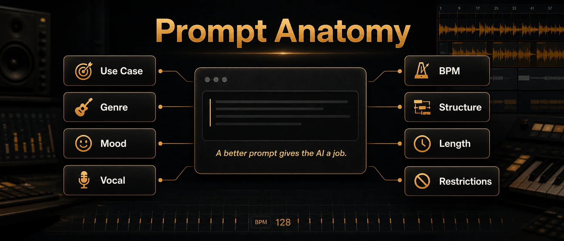 AI song prompt anatomy showing use case, genre, mood, vocal, BPM, structure, length, and restrictions