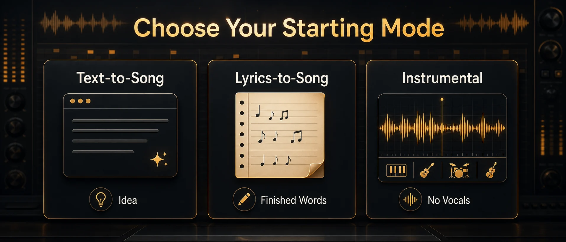 AI music starting modes comparing text-to-song, lyrics-to-song, and instrumental creation