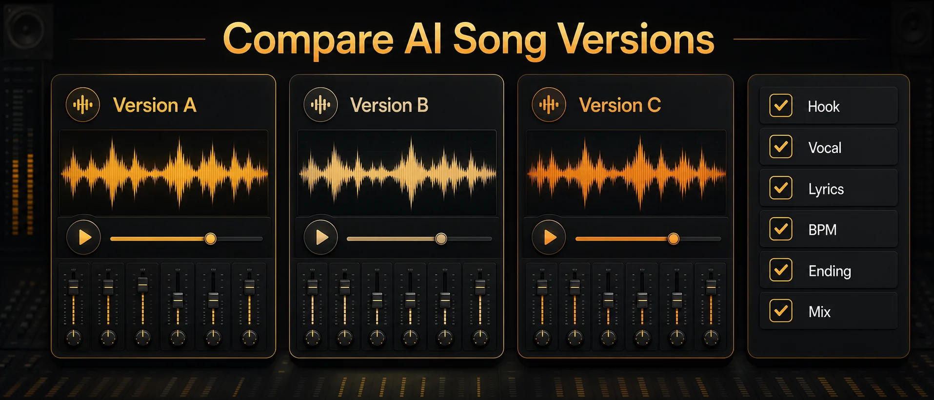 Comparison checklist for AI song versions with hook, vocal, lyrics, BPM, ending, and mix