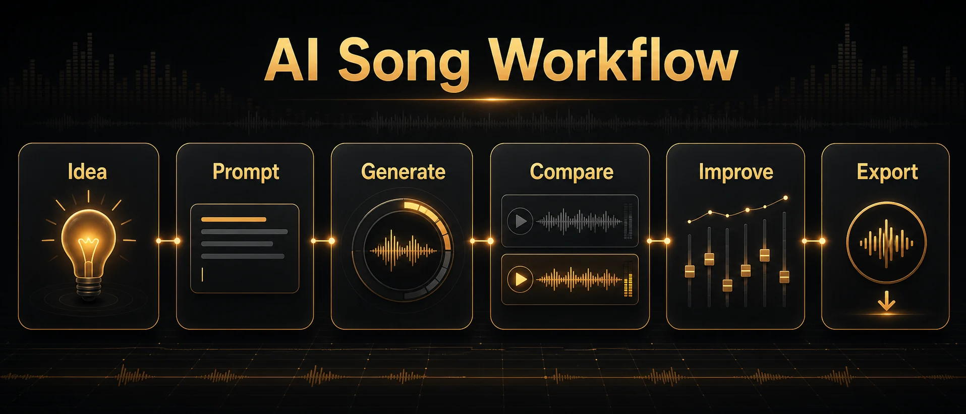 AI song workflow from idea to prompt, generation, comparison, improvement, and export