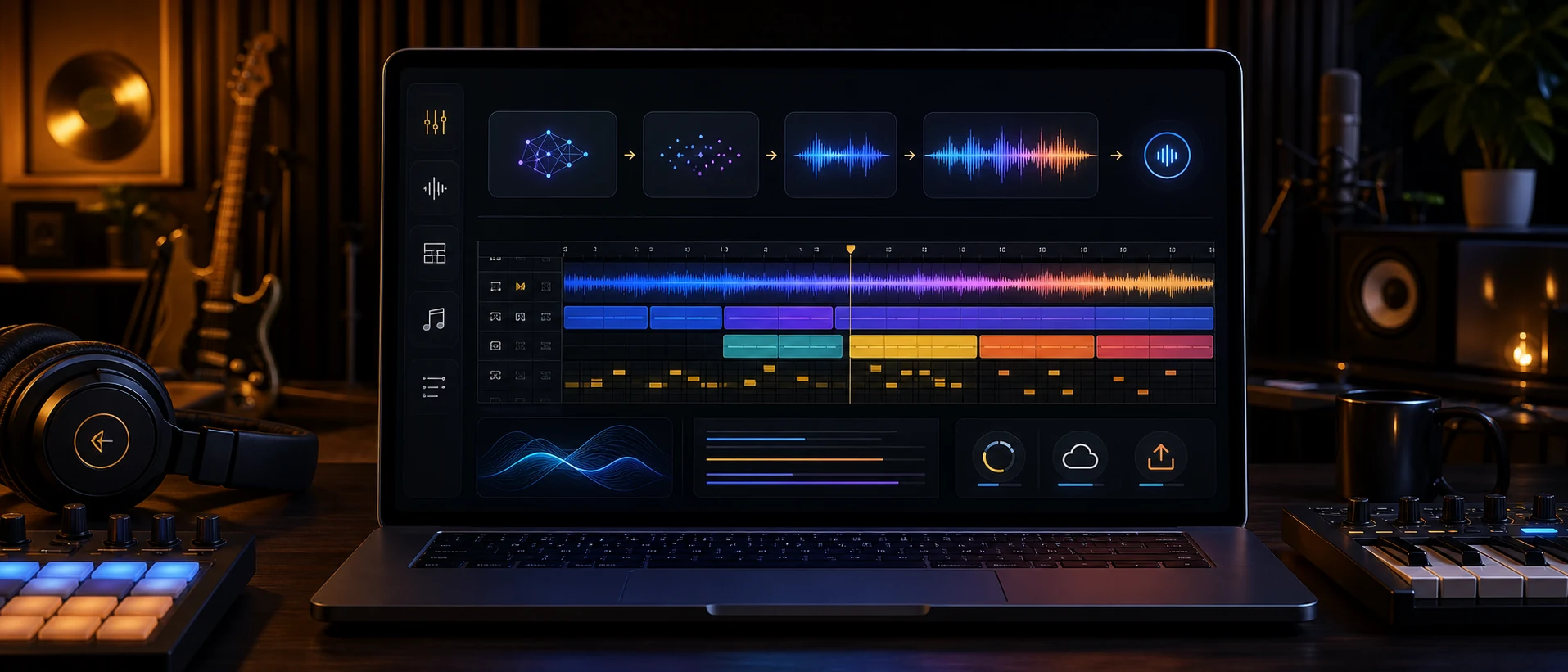 AI music studio workspace showing prompts, waveforms, BPM grid, and multitrack song generation workflow