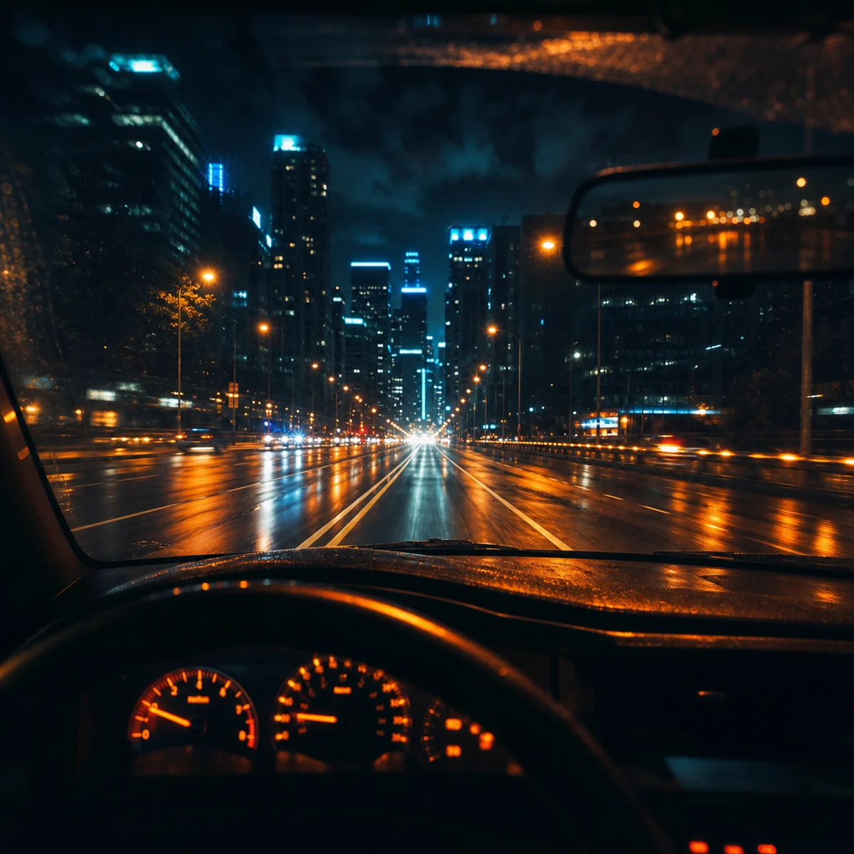 AI music preview cover showing a rainy neon city road for the synthwave track Late Night Drive
